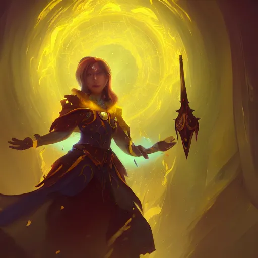 Image similar to a female mage, yellow theme, bright art masterpiece artstation. 8 k, sharp high quality artwork in style of jose daniel cabrera pena and greg rutkowski, concept art by tooth wu, blizzard warcraft artwork, hearthstone card game artwork, holy mage