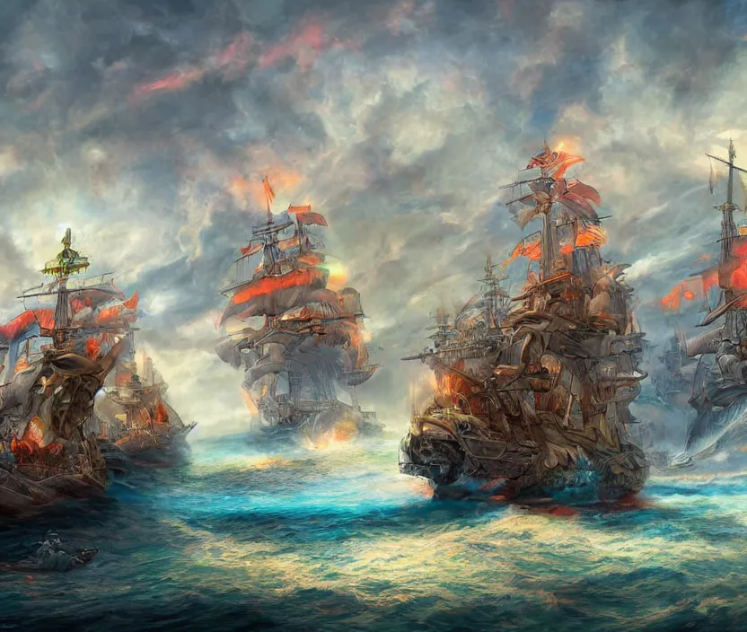 Image similar to Naval epic battle, fantasy concept art, coloful digital painting, highly detailed