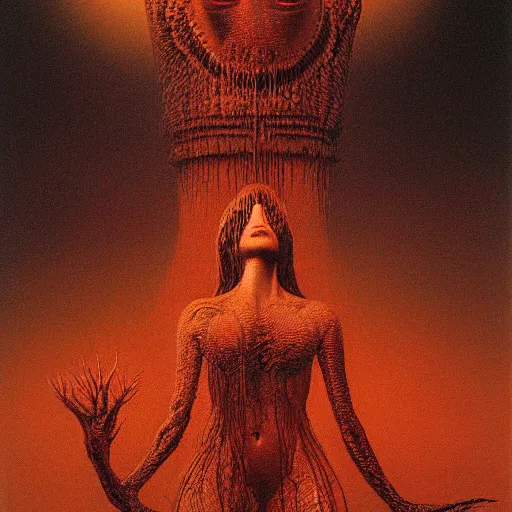 Image similar to The queen of the sun by Zdzislaw Beksinski and H.R. Giger, oil on canvas