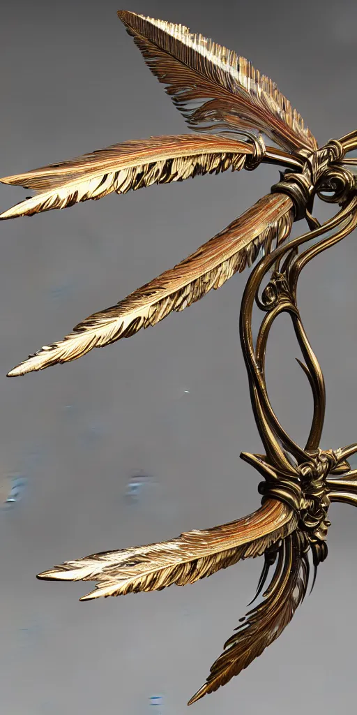 Image similar to beautiful physical detailed render of a sacred bow arms made of crystal, the style of louis comfort tiffany, pascal blanche, zigor samaniego, paul pepera, ellen jewett, weapon design, mechanics, weapon model, feather, wing, exquisite, metal, structure, c 4 d, 3 d render,, unreal engines, light effect, 4 k hd