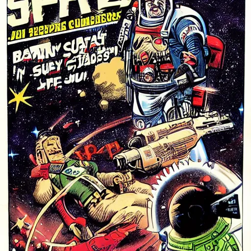 Image similar to space opera gunfight, in the style of feldstein, johnny craig, wally wood, and jack davis