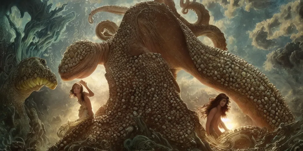 Image similar to Fantasy fairytale story, Great Leviathan Turtle, cephalopod, Cthulhu Squid, Mysterious Island, center Universe, accompany hybrid, Cory Chase, Blake Lively, Anya_Taylor-Joy, Grace Moretz, Halle Berry, Mystical Valkyrie, Anubis-Reptilian, Atlantean Warrior, intense fantasy atmospheric lighting, hyperrealistic, William-Adolphe Bouguereau, François Boucher, Jessica Rossier, Michael Cheval, michael whelan, Cozy, hot springs hidden Cave, Forest, candlelight, natural light, lush plants and flowers, Spectacular Mountains, bright clouds, luminous stellar sky, outer worlds, Solar Flare Unreal Engine, HD,