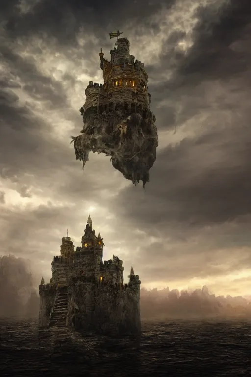 Image similar to floating castle in the clouds, hyperrealistic, 8 k, octane render, unreal engine, gilded, cloudy dark electric sky, post apocalyptic hellscape, highly - detailed