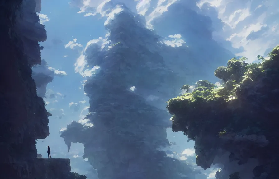 Image similar to makoto shinkai concept art of the cloud cliff dimension, key visual, ambient lighting, highly detailed, digital painting, artstation, concept art, sharp focus, by makoto shinkai and akihiko yoshida and hidari and wlop and greg rutkowski