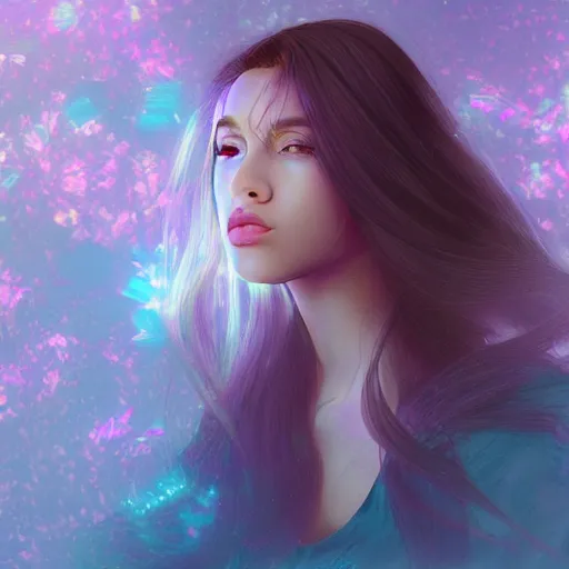 Prompt: high detail portrait of a beautiful woman with her hair down, vaporwave lighting, concept art, soft floral background, beautiful