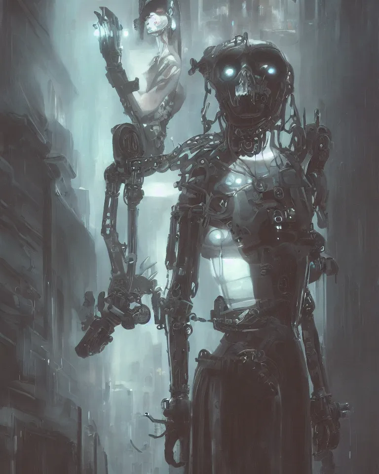 Prompt: a haunting ominous painting of a horrifying but beautiful cybernetic ghost in the style of brom, cyberpunk, artstation