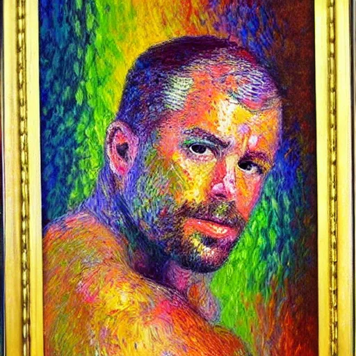 Image similar to oil on canvas, vivid colors, portrait of a man, impressionistic, rough pointillism