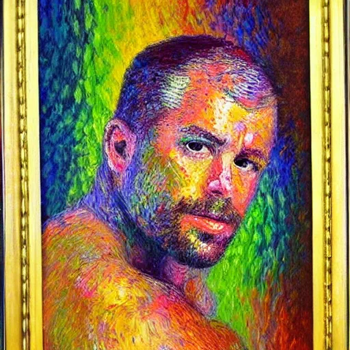 Prompt: oil on canvas, vivid colors, portrait of a man, impressionistic, rough pointillism