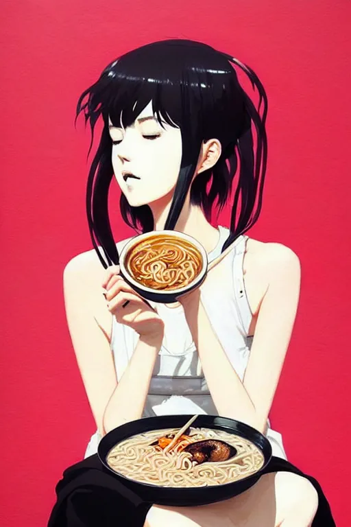 Prompt: a ultradetailed beautiful painting of a stylish woman eating ramen, by conrad roset, greg rutkowski and makoto shinkai trending on artstation