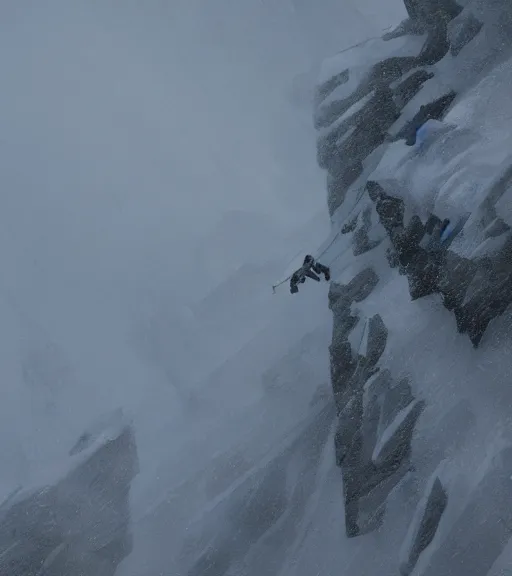 Image similar to a climber climbs a snowy mountain in a storm, close view, painting by craig mullins, octane rendering, soft morning lighting, wide angle lens, in the style of hayao miyazaki, trending on artstation,