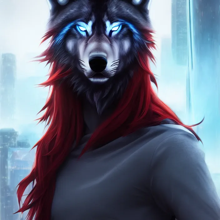 Image similar to portrait of male anthropomorphic dark gray anime wolf, long red hair, blue eyes, in a futuristic city, hyper detailed, digital art, trending on artstation, cinematic lighting, studio quality, smooth render, unreal engine 5 rendered, octane rendered, 1 : 1 aspect ratio