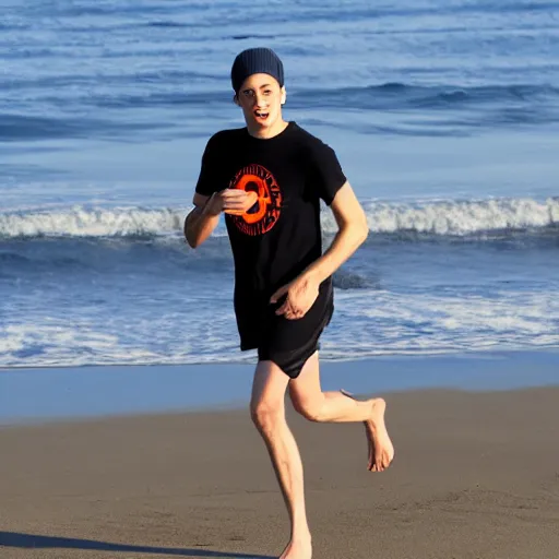 Prompt: pete davidson running on the beach along the ocean in the morning sunshine