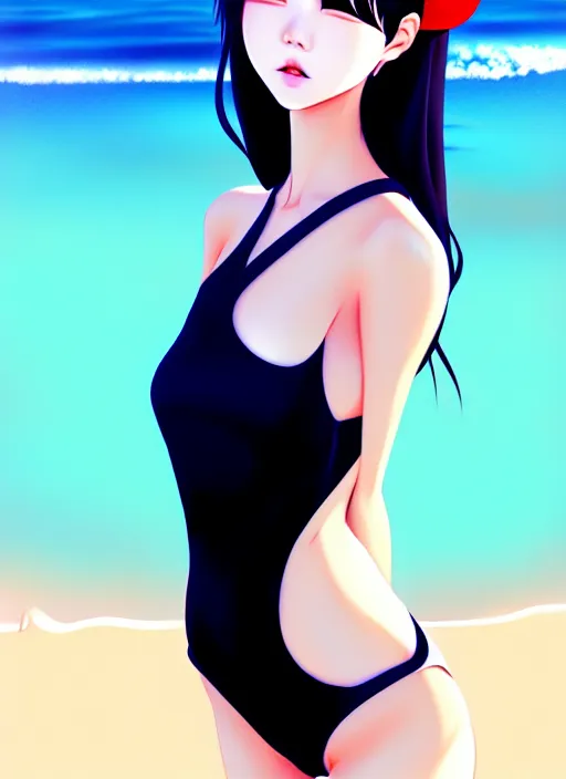 Prompt: ulzzang korean girl wearing one - piece swimsuit portrait, beach background, full body shot, ilya kuvshinov, anime, pixiv top monthly, trending on artstation, cinematic, danbooru, zerochan art, kyoto animation