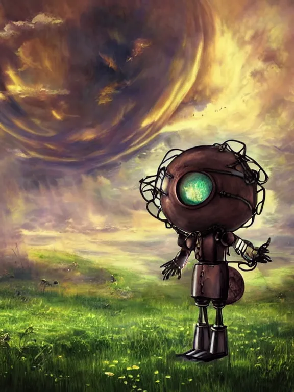 Prompt: steampunk house humanoid robot roams the endless grassland, howl's moving castle style, fantasy, flower, clouds, your name style