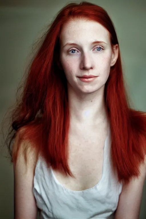 Image similar to face portrait, white woman, 22 years old, thin, center parting straight red hair, snub nose, small lips, in the morning, ambient light, by Annie Leibovitz, f/1.4