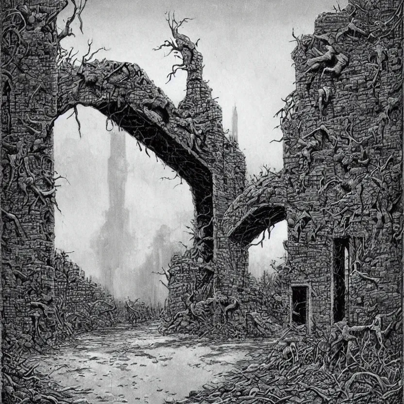 Image similar to an entrance to an abandoned theme park, by richard corben, zdzisław beksinski. goosebumps cover art. pulp horror art.