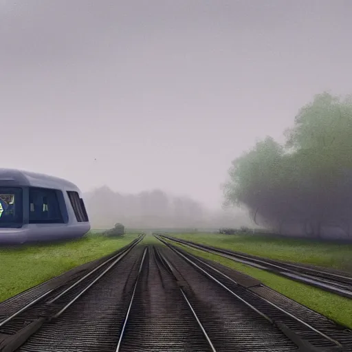 Prompt: landscape with futuristic train station in an empty field. by stalenhag. mist, fog, cyber punk, realistic, 8K