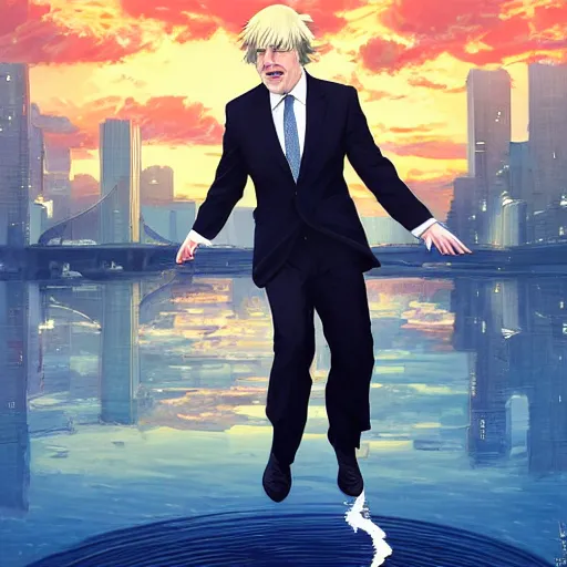 Image similar to Boris Johnson wearing suit and necktie dancing on water, detailed facial features, evokes feelings of joy, beautiful flowing fabric, sunset, dramatic angle, realistic and detailed, by studio trigger, pixiv dslr photo by Makoto Shinkai rossdraws and Wojtek Fus