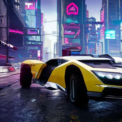 Image similar to Cyberpunk 2077 car Quadra Turbo-R V-Tech, driving down dusty city dystopian, long distance shot , by Mead, Syd