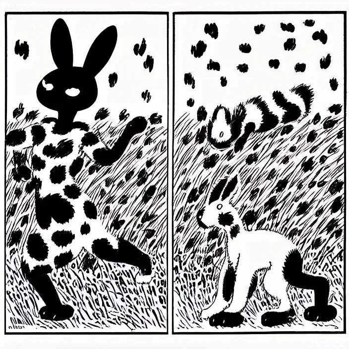 Image similar to a still frame from comic strip, black fluffy leopard dancing with rabbit in a field 1 9 5 0, silhouette, herluf bidstrup, new yorker illustration, monochrome contrast bw, lineart, manga, tadanori yokoo, simplified,