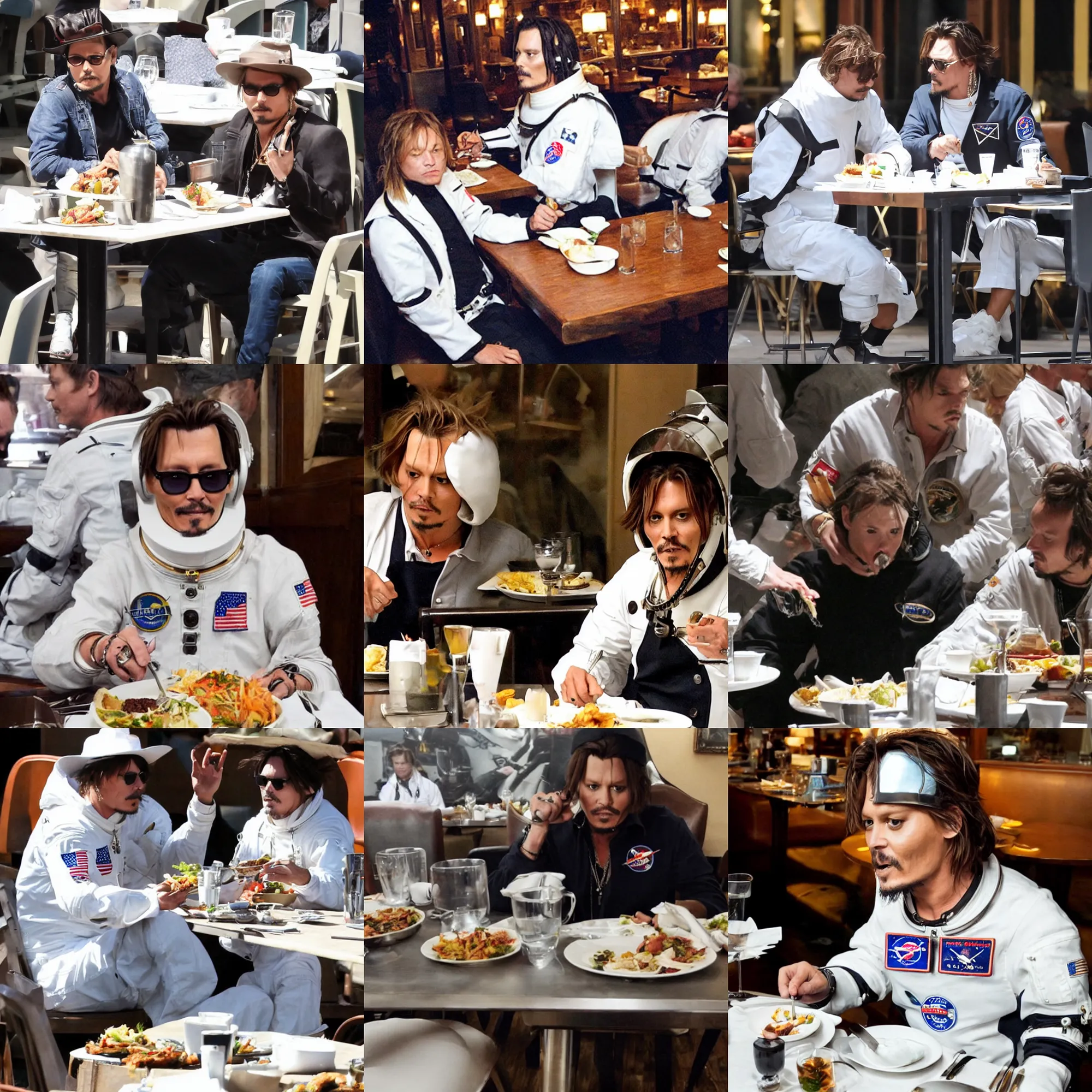 Prompt: Jonny Depp eating at a restaurant table wearing an astronaut suit