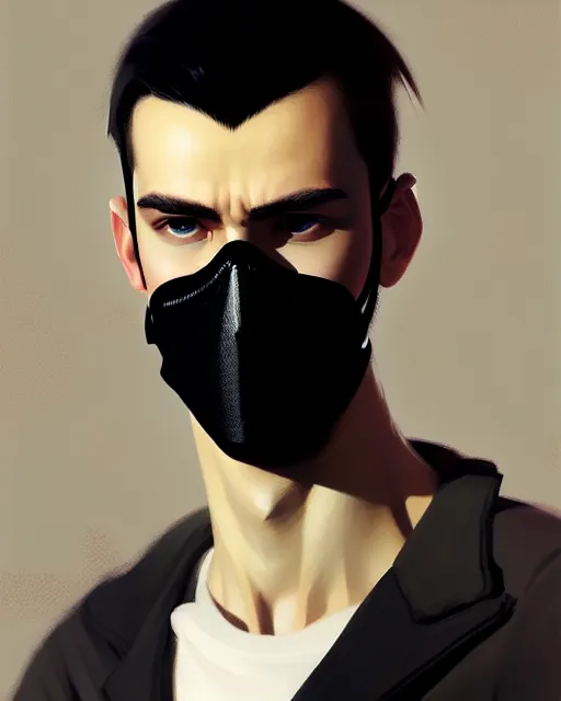 Image similar to a ultradetailed beautiful panting of a european young man wearing black medical mask, by ilya kuvshinov, greg rutkowski and makoto shinkai, trending on artstation