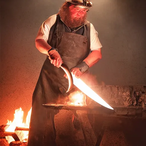 Prompt: A blacksmith creating a magical sword in a furnace, sparks and embers flying, intense heat, professional photographer, 50mm lens, studio lighting, Award-Winning, No blur, highly detailed, intimate, close up, art by Michael Whelan