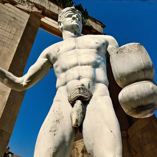 Prompt: a full frontal photograph of the colossus of Rhodes