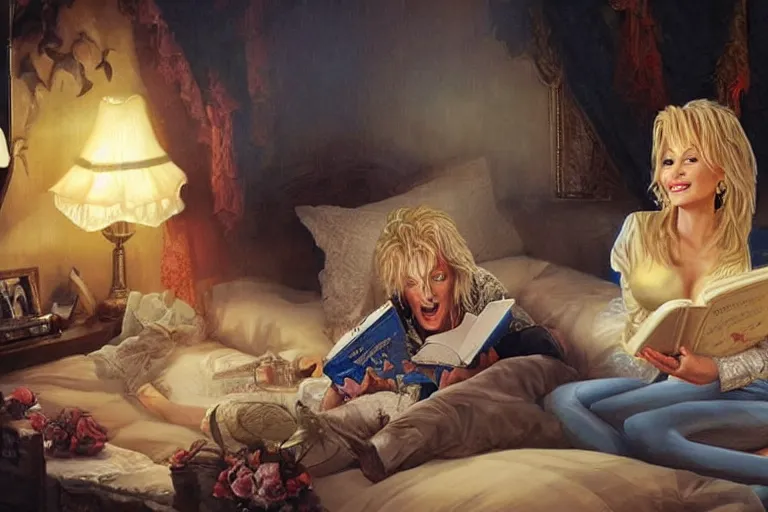 Image similar to portrait of dolly parton reading a bedtime story to michael jackson in bed, an oil painting by ross tran and thomas kincade