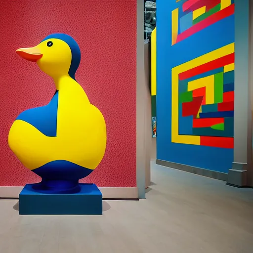 Image similar to wide shot, one photorealistic rubber duck in foreground on a pedestal in an museum gallery, british museum, the walls are covered with colorful geometric wall paintings in the style of sol lewitt, tall arched stone doorways, through the doorways are more wall paintings in the style of sol lewitt.