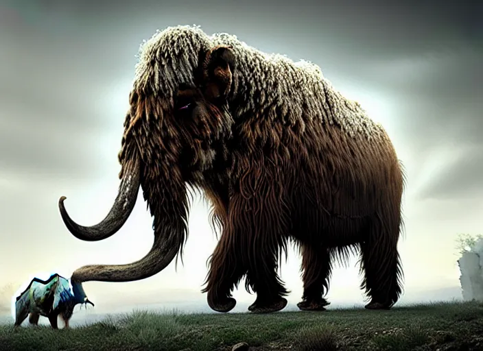 Image similar to hyperrealism, detailed textures, photorealistic, 3 d render, a surreal mystical wooly mammoth grazing, ultra realistic cinematic, intricate, cinematic light, concept art, illustration, art station, unreal engine