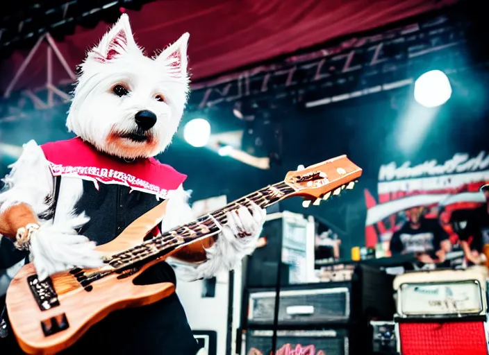 Prompt: photo still of an anthropomorphic westie on stage at vans warped tour!!!!!!! shredding a guitar on stage, 8 k, 8 5 mm f 1. 8, studio lighting, rim light, right side key light