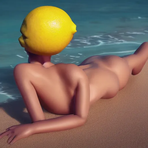 Image similar to woman with the texture and head of a lemon in bikini sunbathing on the beach, dslr, award winning, 8 k, octane beautifully detailed render, cold lighting, cinematic lighting, detailed photo, masterpiece, volumetric lighting, ultra realistic, highly detailed, high quality, lossless, photorealistic