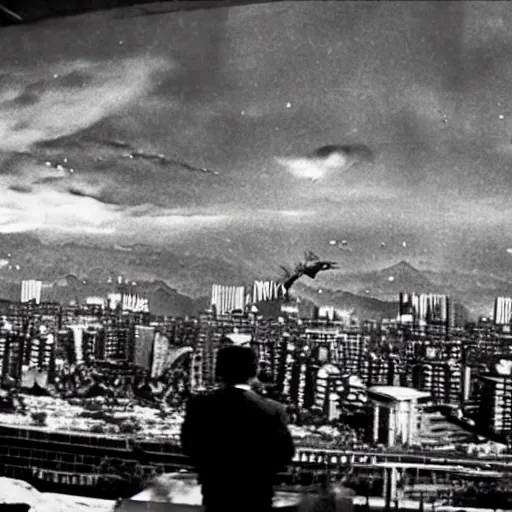 Prompt: a filmstill of Kim Jong-il, monster destroying Pyongyang, in Godzilla (1954) by Ishirō Honda, epic ultrawide shot, cinémascope