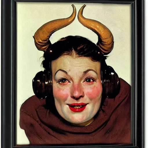 Prompt: frontal portrait of a woman with a helmet with horns that cover her face, by Norman rockwell