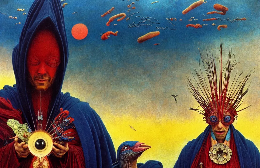 Image similar to realistic detailed portrait movie shot of a birdman wearing a dark robes, sci fi city landscape background by denis villeneuve, amano, yves tanguy, alphonse mucha, ernst haeckel, max ernst, roger dean, masterpiece, rich moody colours, dog teeth, blue eyes, sunset