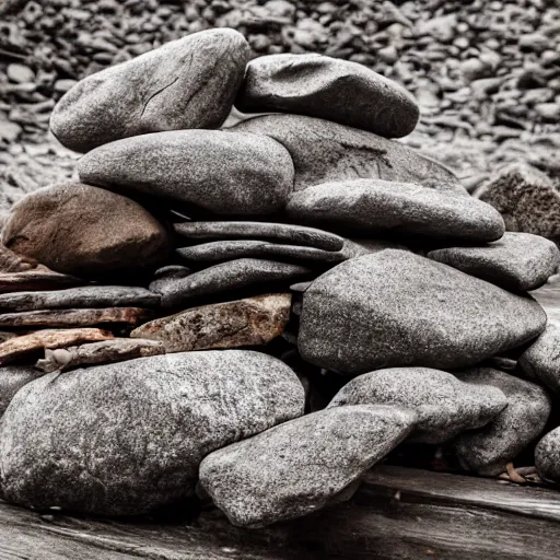 Prompt: Pile of rocks on a wooden red table
