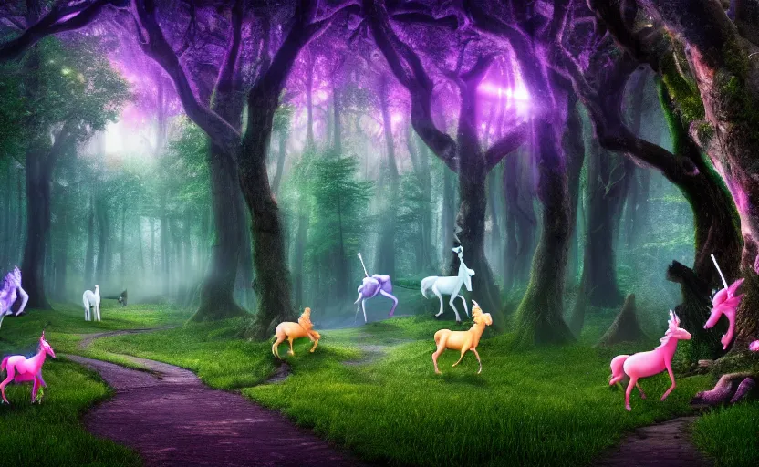 Image similar to magic forest, a lot of unicorns and pixies, real photo, 8 k resolution, photorealistic,