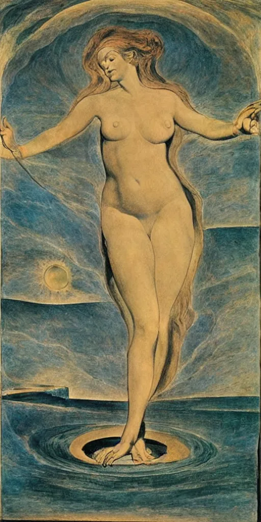 Image similar to oil painting silhouette of the venus of milos with sea inside by william blake