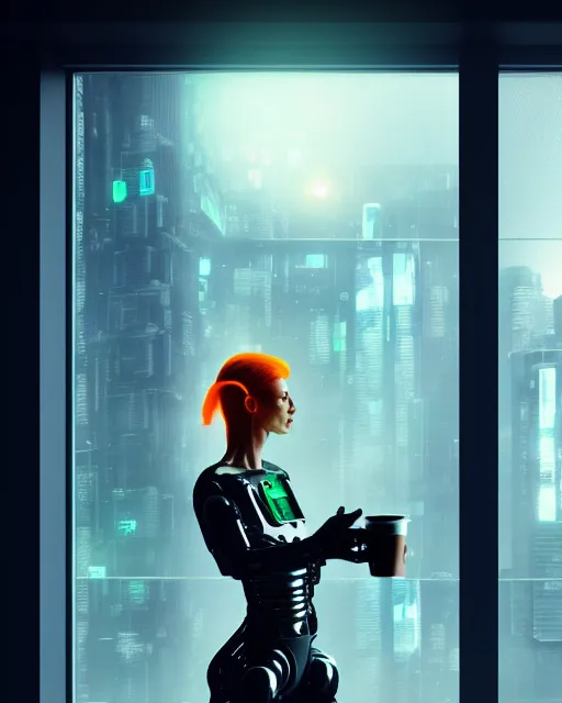 Image similar to a terminator cyborg lady with borg implants is drinking coffee near a window with dystopian city visible outside. tiny green led lights in her cybernetics. very detailed 8 k. horror cyberpunk style.