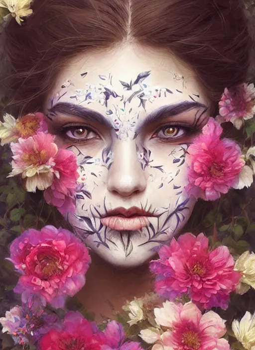 Image similar to a woman with her face painted. face painting of flowers. beautiful highly detailed face. painting by artgerm and greg rutkowski and magali villanueve.