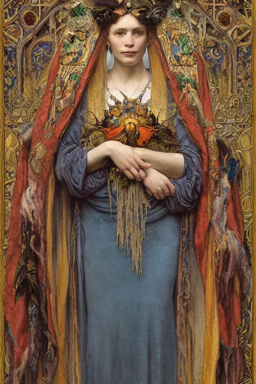 Image similar to coronation portrait of the last queen of the dawn mountains, by Donato Giancola and Annie Swynnerton and John Bauer and John William Godward and Vermeer, embroidered velvet, iridescent beetles, rich color, ornate headdress, flowing robes, lost runes, ancient civilizations, dramatic cinematic lighting, featured on Artstation, cgisociety, unreal engine, extremely detailed