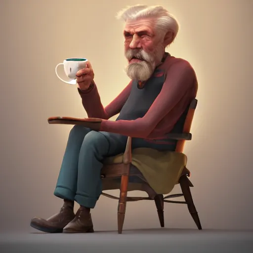 Image similar to old man sitting on a chair drinking coffee, by etienne hebinger, cgsociety, fantasy art, 2 d game art