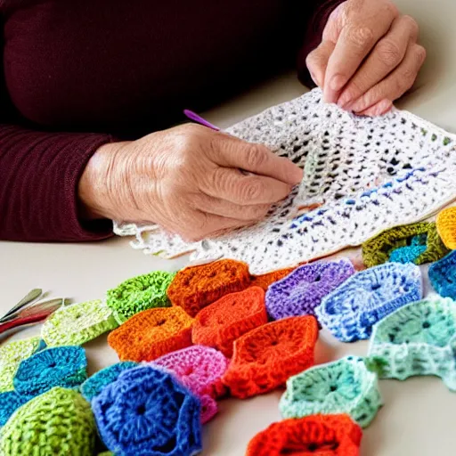 Image similar to product image of a cute crochet grandma made of crochet who's making a crochet. high resolution