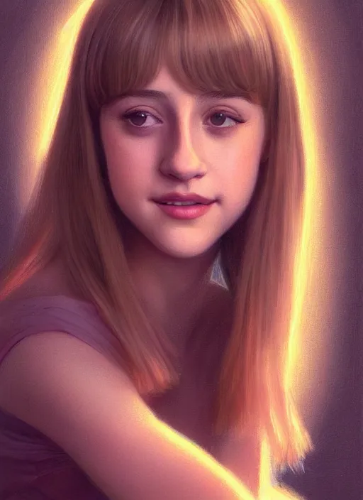 Image similar to portrait of teenage lili reinhart with bangs, smiling kindly, bangs, 1 9 6 0 s, ponytail, bangs and ponytail, intricate, elegant, glowing lights, highly detailed, digital painting, artstation, concept art, smooth, sharp focus, illustration, art by wlop, mars ravelo and greg rutkowski