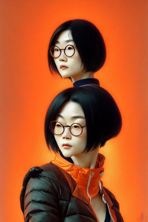 Image similar to thin japanese woman with short black hair, thick round spectacles, wearing a bright orange bomber jacket, seductive communist dark fantasy, art by artgerm and karol bak and moebius and alphonse mucha and greg rutkowski, hyperdetailed, ultrarealistic, octane render