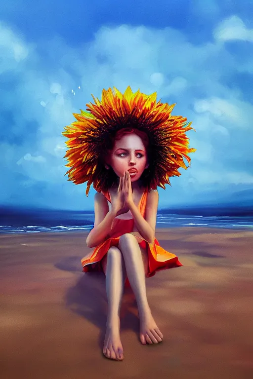 Prompt: closeup giant dahlia flower head, girl sitting on beach, surreal photography, blue sky, sunrise, dramatic light, impressionist painting, digital painting, artstation, simon stalenhag