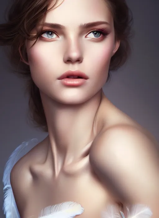 Image similar to a gorgeous female photo, professionally retouched, soft lighting, wearing a feather dress, realistic, smooth face, perfect eyes, wide angle, sharp focus on eyes, 8 k high definition, insanely detailed, intricate, elegant, art by artgerm and greg rutkowski and mark hill