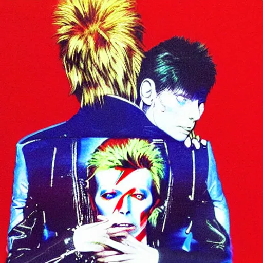 Image similar to david bowie from changes giving a piggy back ride to ziggy stardust. glam rock. by katsushika oi