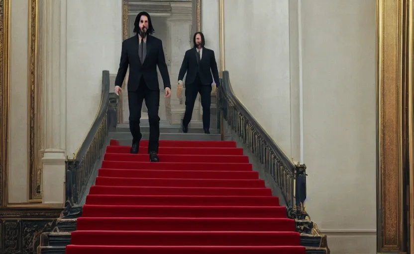 Prompt: sharp, highly detailed, color film of keanu reeves walking up the stairs in the palace, trending on artstation, nice composition, hyper real, photorealistic, octane render